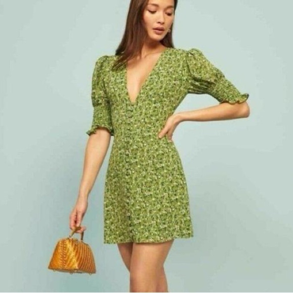 Reformation Green Alison Floral Button Down Short Puff Sleeve Mini Sun Dress - Picture 12 of 14